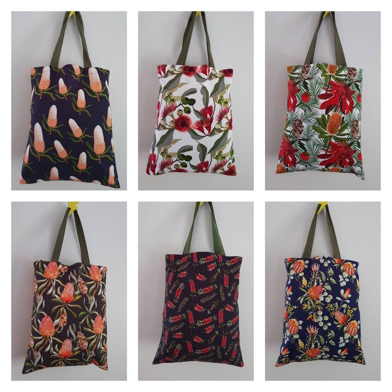 Australian native floral Linen Bags Gifts Banksia Made in AU. Handmade Eucalyptus Totes Gumnut Wildflowers
