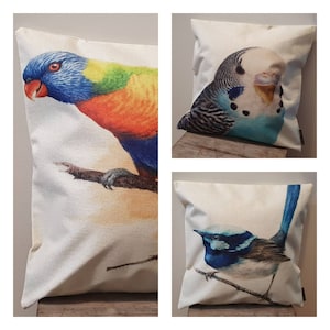 Lorikeet- Blue Budgie- Fairy Wren- Cushion Covers- Handmade- Linen- Throw Cushion- Decorative Pillow- Birds - Australian Birds- Gift.