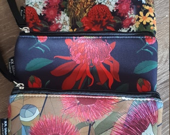 Australian floral collection-  Wallets/pouches- Floral wristlets- Waratah- Eucalyptus- Wildflowers-Handmade- Made in Au.