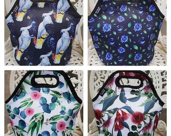 Australian Floral- Lunch Bags- Eucalyptus- Cockatoo- Wren- Birds- Insulated Tote- For work or school- Gift Idea- Washable- Zipper.