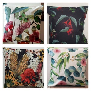 Australian Flowers- Cushion Covers- Eucalyptus- Gumnut- Waratah- Handmade- Linen- Throw Cushion- Decorative Pillow- Home Decor- 45x45cm.