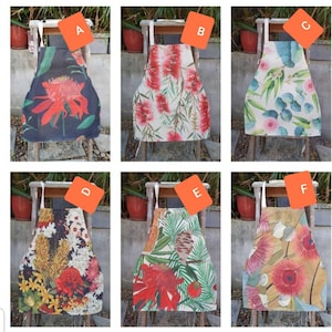 Australiana Schürzenkollektion – Leinen – australische einheimische Blumen – handgefertigt – Kochen – Geschenk – hergestellt in Australien.