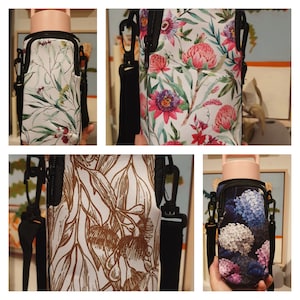 New- Australian Flowers - Water bottle carry bag- phone pocket- adjustable strap- strong- Made in Australia-  gift.