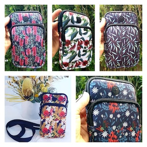 Crossbody- Phone bag- Mobile phone carry bag-native Flora- Wildflowers- 2 pockets- Adjustable strap- Zipper for safety - Handmade in Au.