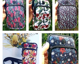 Crossbody- Phone bag- Mobile phone carry bag-native Flora- Wildflowers- 2 pockets- Adjustable strap- Zipper for safety - Handmade in Au.