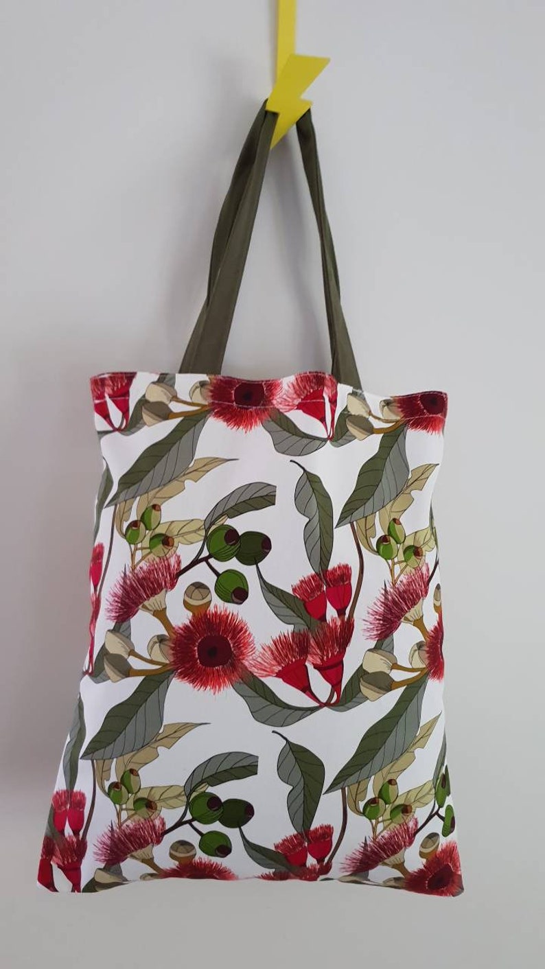 Australian native floral Linen Bags Gifts Banksia Made in AU. Handmade Eucalyptus Totes Gumnut Wildflowers