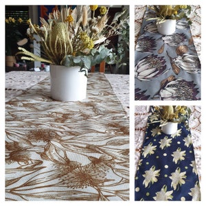 Linen Table Runner- Australian Native Flora- Gumnut- Eucalyptus - Waratah- Handmade- Home- Dining- Gift.