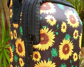 New- XL- Size- Sunflowers- Water bottle carry bags with a phone pocket- adjustable strap- zipper on pocket- fits large phones- Washable.