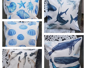 Ocean- Sea Life- Wildlife- Cushion Covers- Whales- Seal- Sharks- Shells- Printed Linen covers- 45x45cm- Indoor- Throw Pillow- Gift.