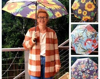 Australian Rain Umbrella collection- Native Flora & Sunflowers- Pop up opening -Great for travel- Gifts.