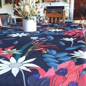 Botanical- Floral- Sturt's Desert Pea- Tablecloth- Linen and Cotton blend- Size 140x220cm- Handmade in Australia.