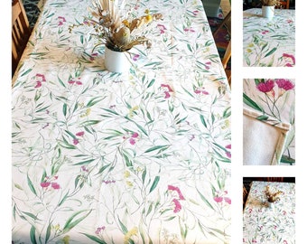 Eucalyptus & Silver Princess - Floral Tablecloth- Linen and Cotton blend- Size 140x220cm- Handmade in Australia.