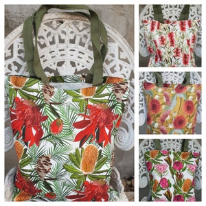 Australian native floral- Linen Bags- Totes- Handmade - Eucalyptus- Banksia - Gumnut- Wildflowers- Gifts- Made in AU.