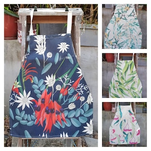 Linen Aprons- Australian Floral Designs- Eucalyptus- Sturts Desert Pea- Wildflowers- Cooking- Home- Gift idea.