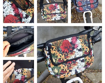 Front Handle Bike bag- Waterproof- Floral designs- Ladies style- Messanger Bag- Carry water and phone- Insulating- Made in Au.