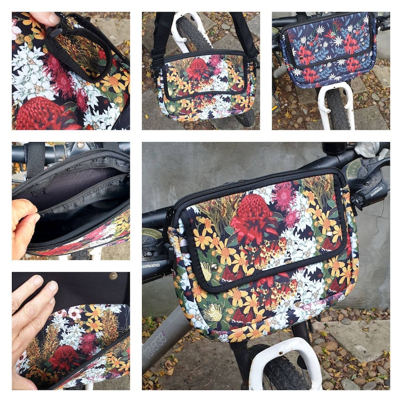 Front Handle Bike bag Waterproof Floral designs Ladies style Messanger Bag Carry water and phone Insulating Made in Au. image 1