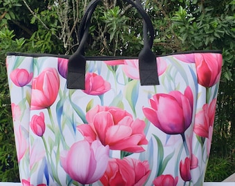 Large - Neoprene- Tote - Tulips  - Floral Bag - Handmade in Australia.