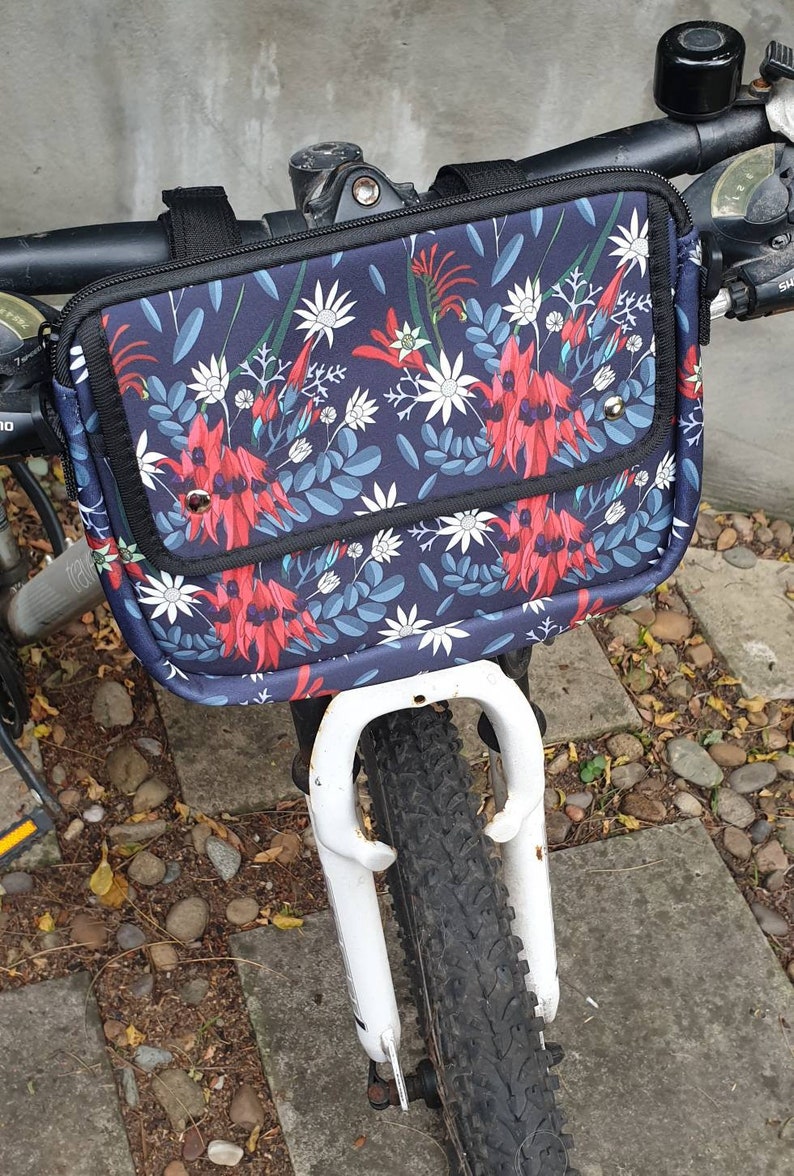 Front Handle Bike bag Waterproof Floral designs Ladies style Messanger Bag Carry water and phone Insulating Made in Au. Sturt's Desert Pea