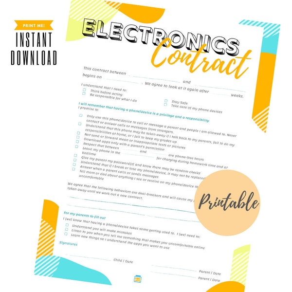 Electronics Cell Phone Technology Screen Contract for Kids (PDF) - Printable Parents-Student Devices Policy Contract