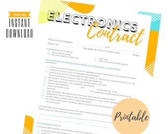 Electronics Cell Phone Technology Screen Contract for Kids (PDF) - Printable Parents-Student Devices Policy Contract