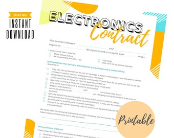 Electronics Cell Phone Technology Screen Contract for Kids (PDF) - Printable Parents-Student Devices Policy Contract