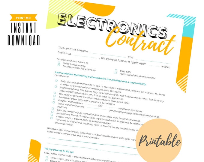 Featured listing image: Electronics Cell Phone Technology Screen Contract for Kids (PDF) - Printable Parents-Student Devices Policy Contract