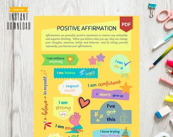 May include: A yellow printable poster with positive affirmations. The poster features colorful illustrations and text such as "I am strong", "I am brave", "I am confident", and "I love trying new things".