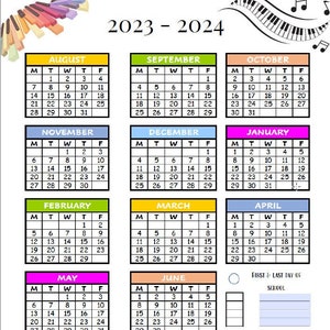 EDITABLE Music Theme 2023-2024 Academic Calendar Year One Page Overview