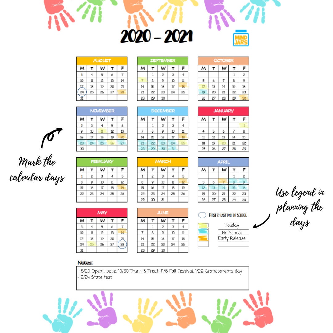 Printable 20202021 Academic Calendar Year One Page Overview Etsy