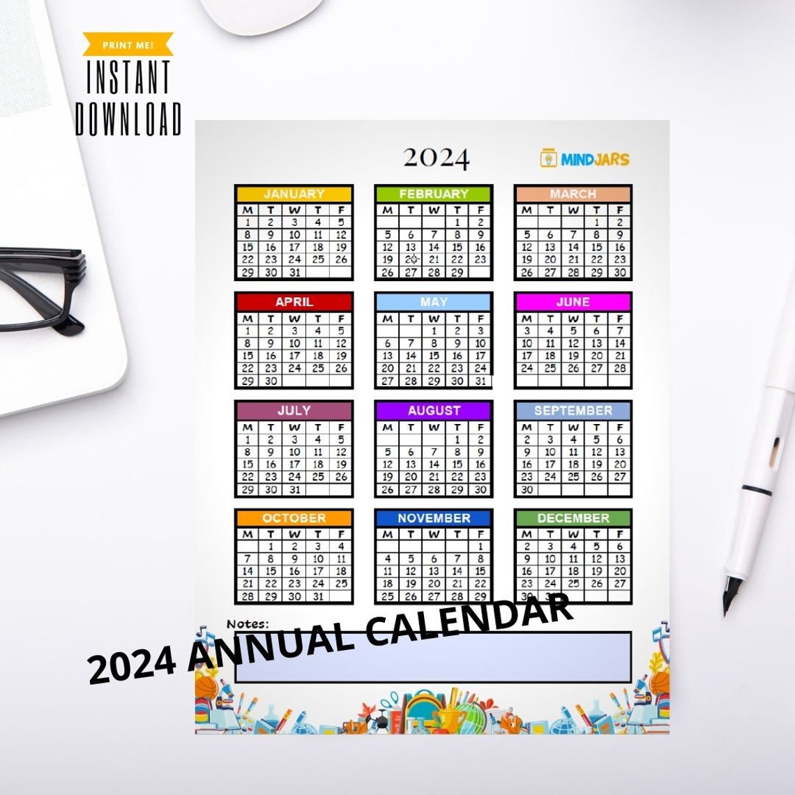 EDITABLE 2024 Annual Calendar Year One Page Overview Year at A Glance