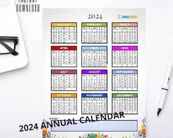 EDITABLE 2024 Annual Calendar Year One Page Overview Year at A Glance School Year Calendar Planner Insert Student Planner