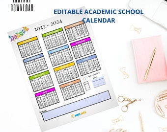 EDITABLE 2023-2024 Academic Calendar Year One Page Overview Year at A Glance School Year Calendar Planner Insert Student Planner