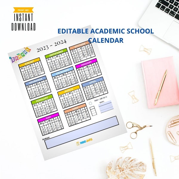 EDITABLE 2023-2024 Academic Calendar Year One Page Overview Year at A Glance School Year Calendar Planner Insert Student Planner