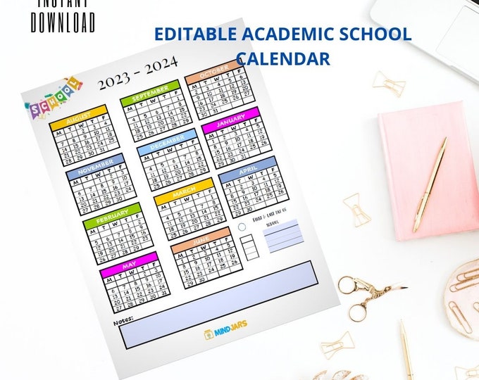 Featured listing image: EDITABLE 2023-2024 Academic Calendar Year One Page Overview Year at A Glance School Year Calendar Planner Insert Student Planner