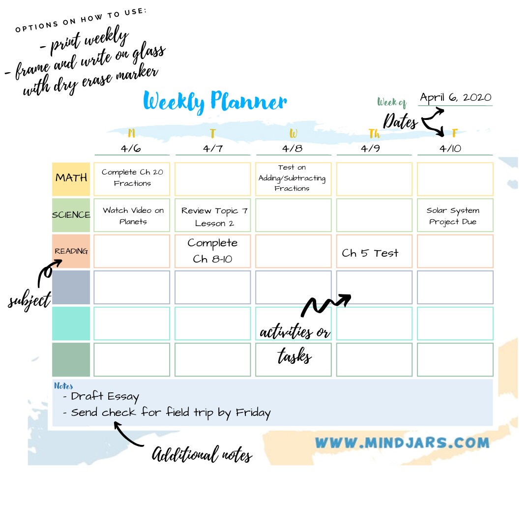 EDITABLE Weekly Daily Kids Student Planner Schedule Homeschool Homework ...
