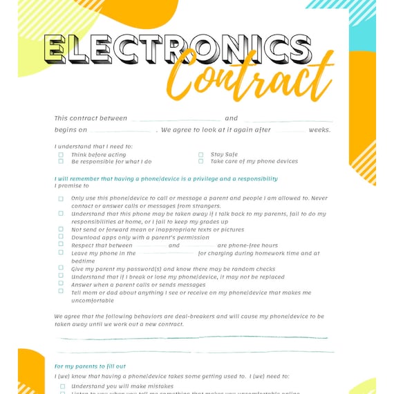 Electronics Cell Phone Technology Screen Contract for Kids PDF