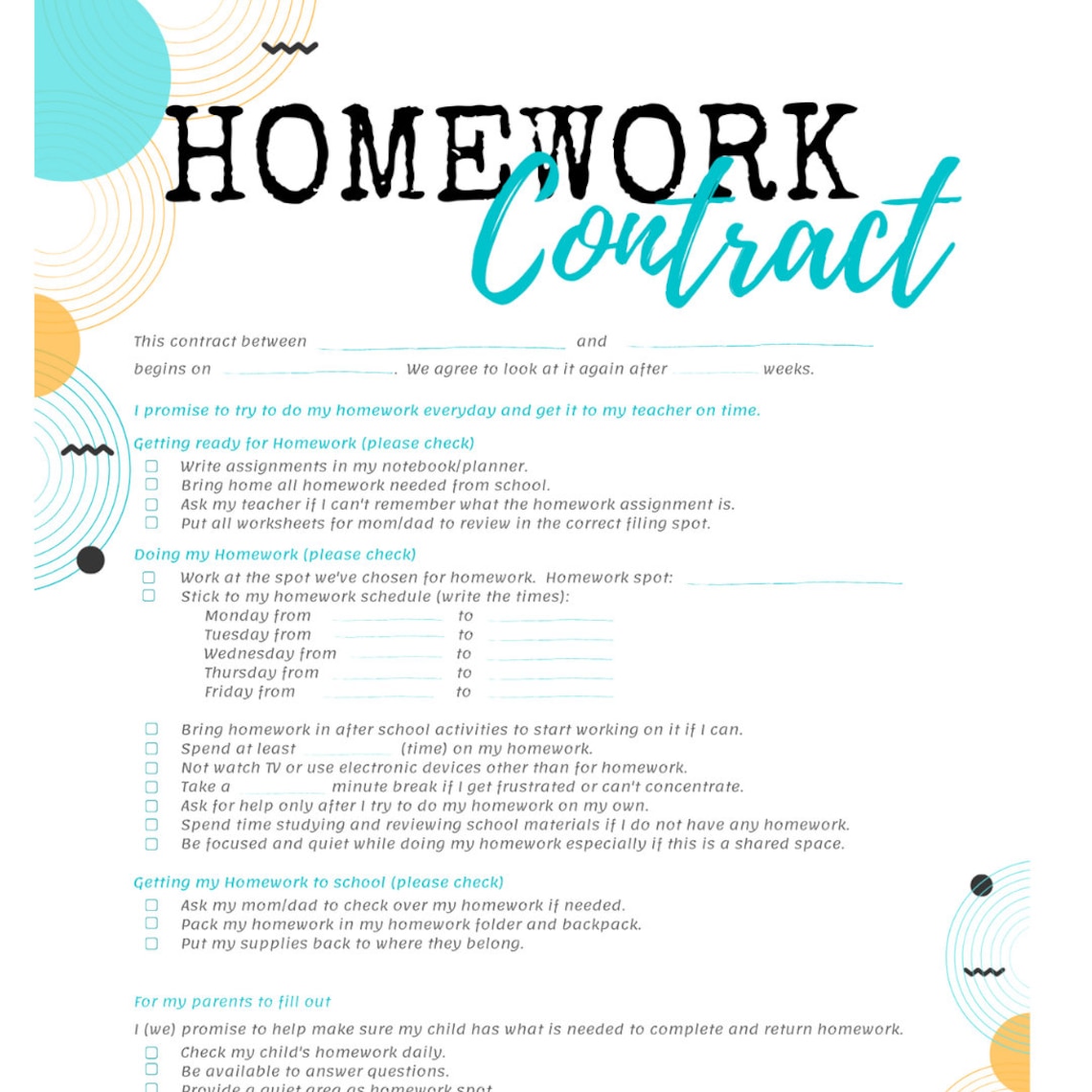 homework contracts year 3