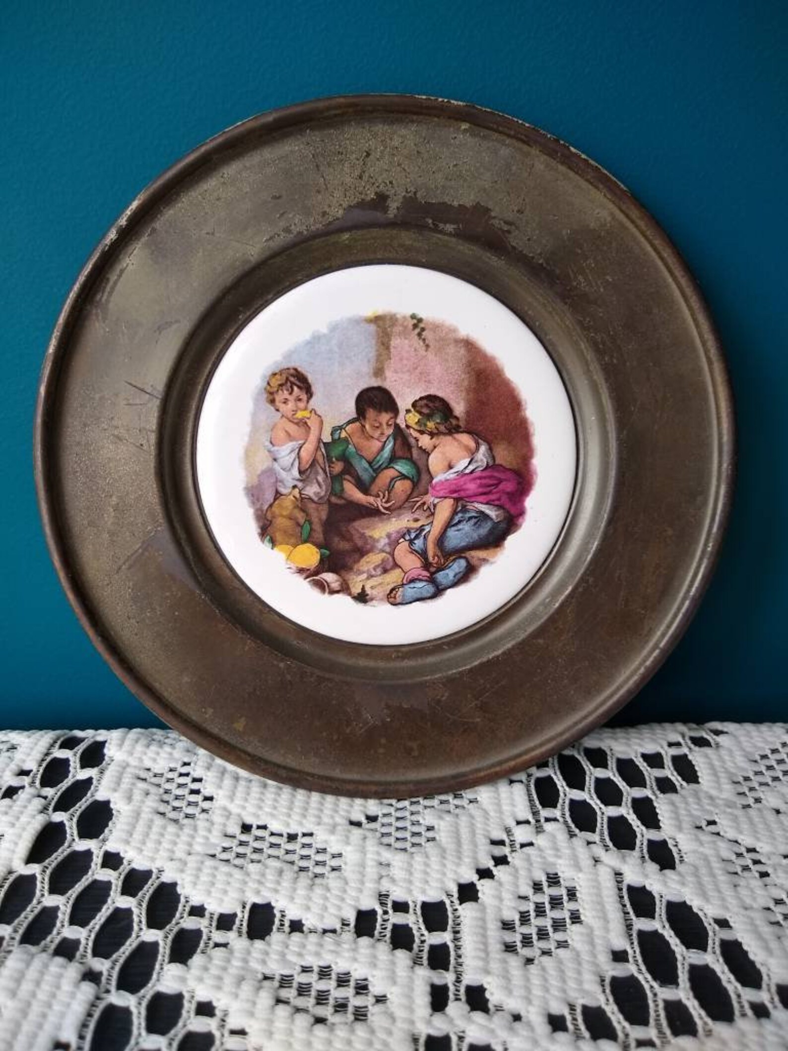 Decorative brass metal plates with picture on porcelain Set Etsy