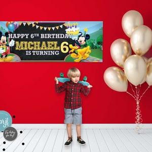 May include: A Mickey Mouse themed birthday banner with the text "Happy 6th Birthday Michael 6 is turning". The banner features Mickey Mouse, Donald Duck, Goofy, and Pluto.