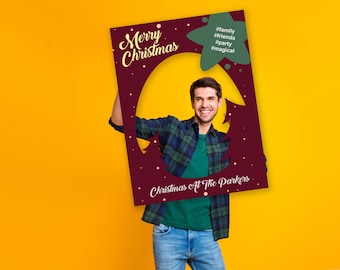 Personalized Christmas Selfie Frame: Burgundy & Green Photo Prop