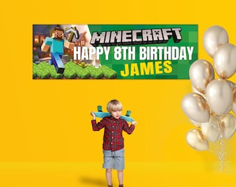 Personalised Mine Game Birthday Banner, Kids Party, Green PVC Backdrop
