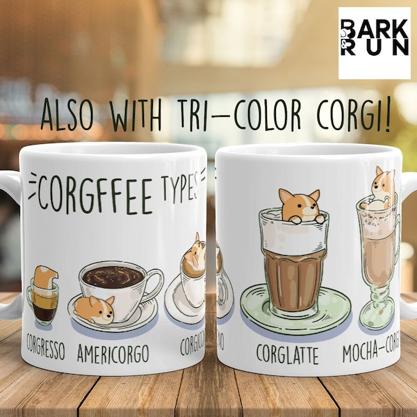 Corgis BECHER: Chubby Pembroke Welsh Corgis KAFFEE Kunst auf weißer glänzender Keramiktasse, Kawaii Art By Bark&Run!