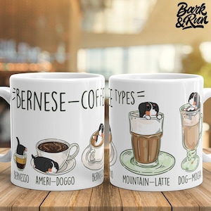 BERNESE MUG: Chubby Bernese Mountain Dog Coffee Art su tazza in ceramica bianca lucida, Kawaii Art by Bark&Run