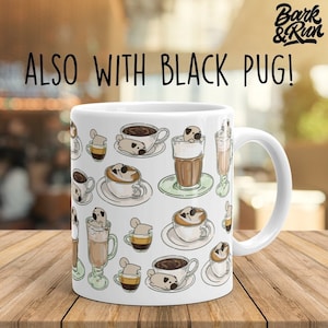 PUG MUG: Chubby Pug Pattern Art on White Glossy Ceramic Coffee Mug, Kawaii Art By Bark&Run!