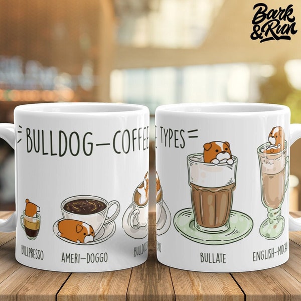 BULLDOG MUG: Chubby English Bulldog Coffee Art on White Glossy Ceramic Mug, Kawaii Art By Bark&Run
