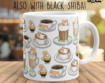 May include: White ceramic mug with an 11oz capacity featuring a repeating pattern of Shiba Inu dogs in coffee cups and glasses. The text "ALSO WITH BLACK SHIBA!" is printed on the mug.