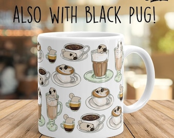 PUG MUG: Chubby Pug Pattern Art on White Glossy Ceramic Coffee Mug, Kawaii Art By Bark&Run!