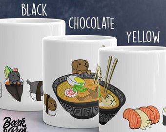 LABRADOR MUG: Chubby Labrador Retriever Sushi Art on Coffee Mug. Yellow Lab, Chocolate Lab, Black Lab. Kawaii Art By Bark&Run!