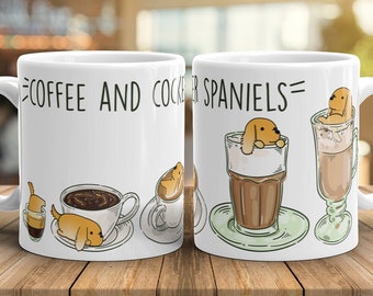 COCKER SPANIEL MUG: Chubby Cocker Spaniel Coffe Art on White Glossy Ceramic Mug, Kawaii Art By Bark&Run!