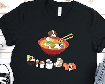 SHIH TZU SHIRT, 100% Cotton, Unisex Soft T-Shirt . Funny Sushi and Ramen Chubby Style Illustrations of Shih Tzu Dog